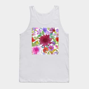 Summer wildflowers and leaves watercolor botanical illustration. Peony, Hryzanthemium, Rose, Poppy, Balloon flowers. Tank Top